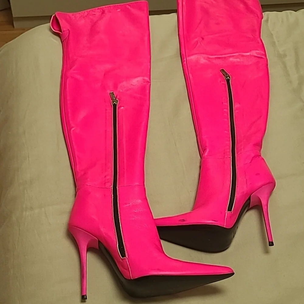 Over The Knee Hot Pink Genuine Leather Stiletto Boots 5-in Heel Read Description - Picture 7 of 17